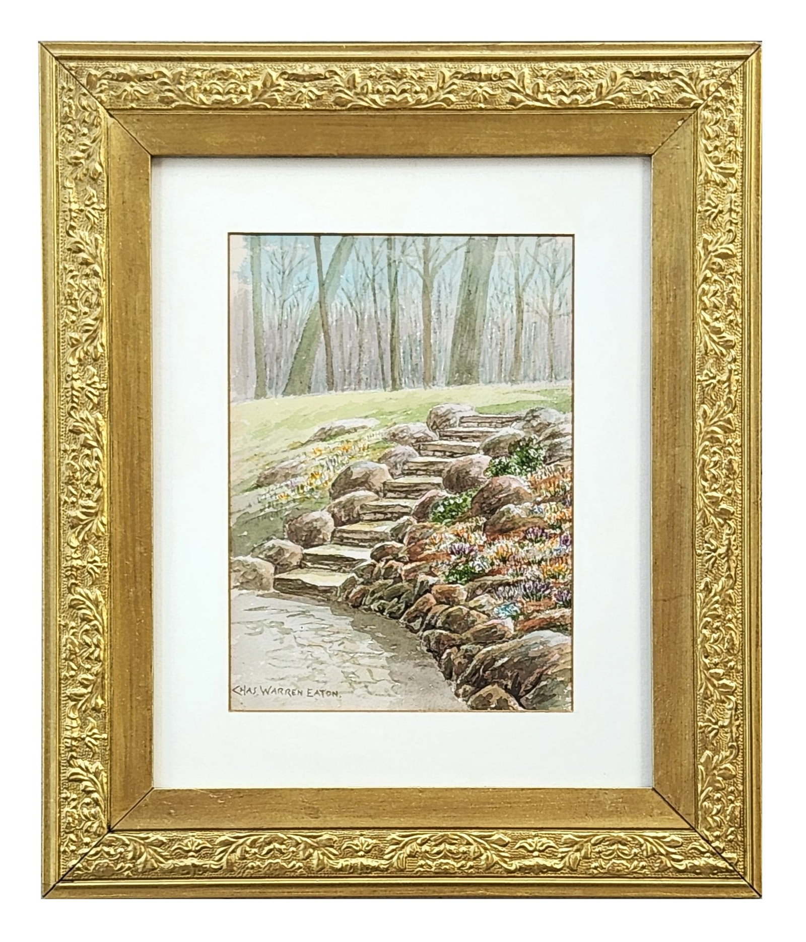 Charles Warren Eaton (1857 - 1937) American: Charles Warren Eaton (1857 - 1937) American Watercolor on Paper Measure 8 1/2"in H x 6"in W and 15"in H x 12 3/4"in W framed Known for: Tonalist landscape painting-trees Biography: Born in Albany, New