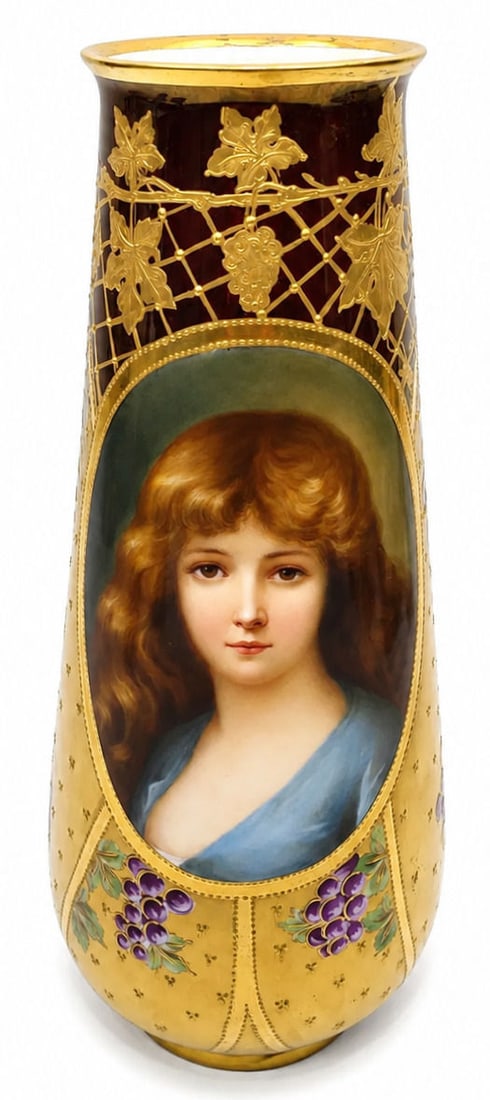 Royal Vienna Porcelain Hand Painted Maiden Portrait Vase " Cloto ": An exceptionally fine late 19th to early 20th century Royal Vienna porcelain portrait vase titled " Cloto " , featuring rich gilding and exquisite hand painted enamel decoration. The central front pan
