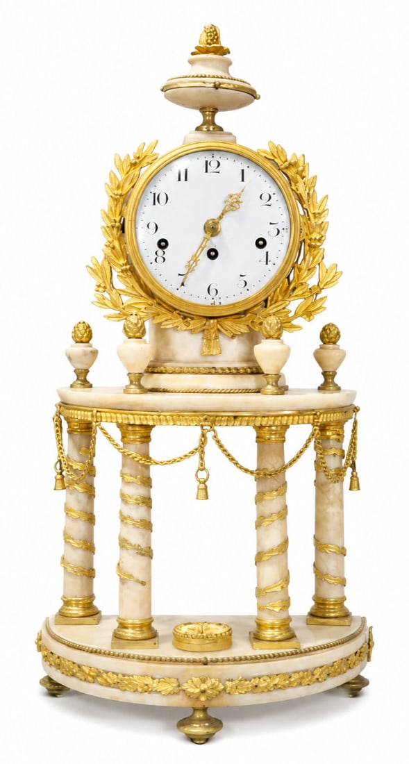 French Louis XVI Style Ormolu and White Marble Portico Mantel Clock (1 of 6)
