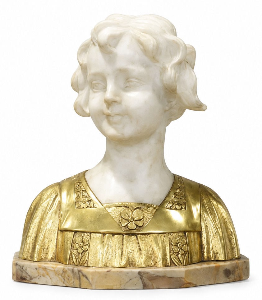 Italian Art Nouveau Carved Marble and Gilt Bronze Bust of a Young Girl by Cecchelli: An exquisite late 19th to early 20th century Italian Art Nouveau bust depicting a smiling young girl, masterfully carved from white marble and fitted with a decorative gilt bronze bodice. The sitter f
