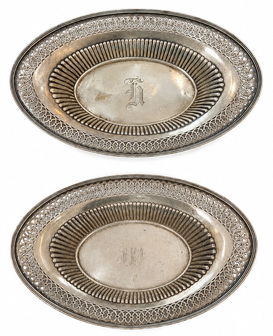 Pair of Monogrammed Sterling Silver Oval Pierced Trays / Dishes (Model 3937) (1 of 3)