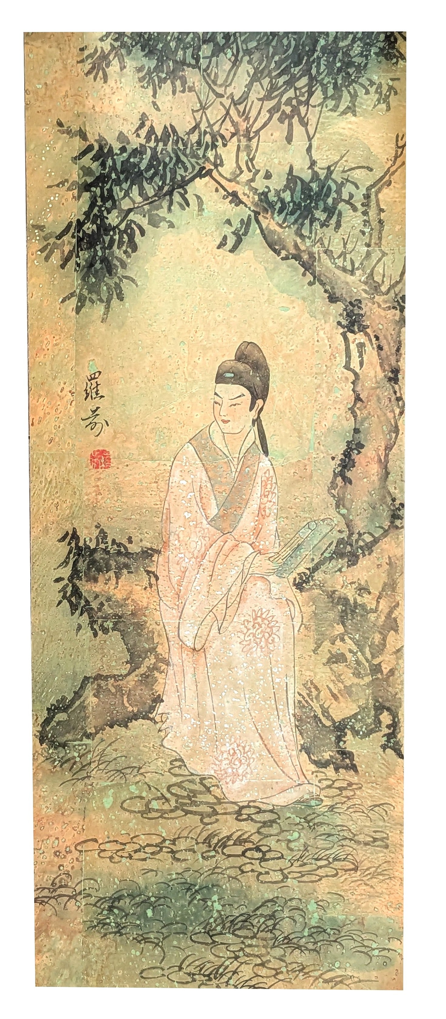 Chinese Rice Paper Painting of Seated Court Lady with Fan, Signed (1 of 3)