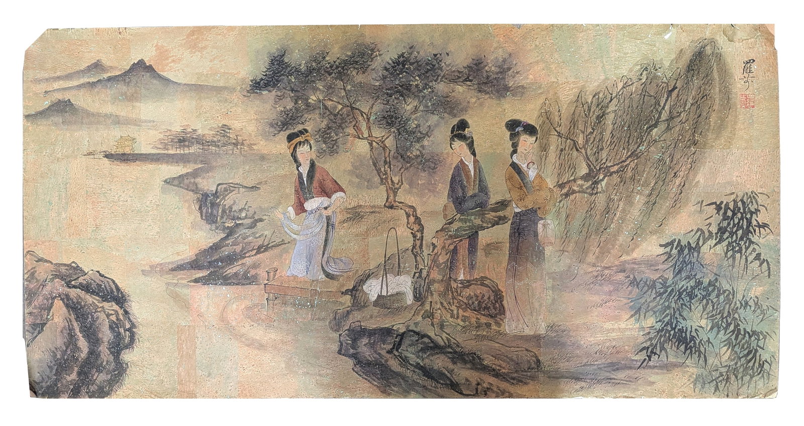 Chinese Watercolor on Rice Paper, Signed Luo Fu , Figural Landscape: Chinese watercolor painting on rice paper depicting three women in a picturesque riverside setting. One figure stands at the water edge beside a laundry basket while two companions converse beneath a 