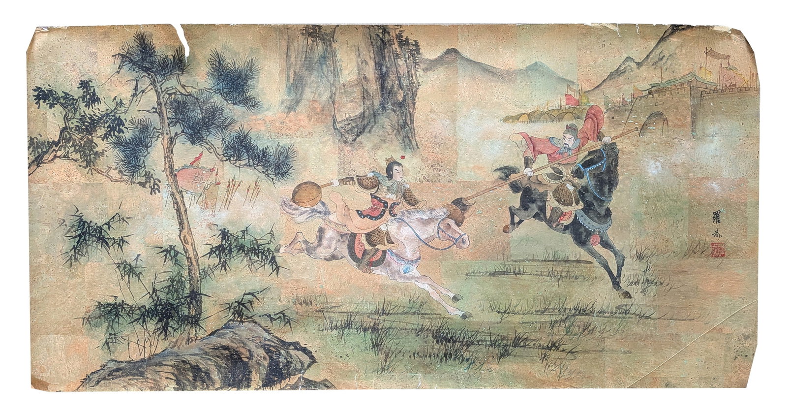 Chinese Watercolor on Rice Paper Depicting Mounted Warriors, Signed Luo Fu: Chinese watercolor on rice paper depicting a dramatic martial scene with two armored horsemen engaged in combat before a fortified city gate. One rider on a white horse wields a mace while confronting