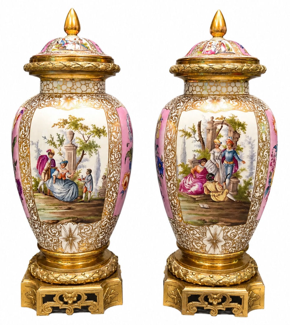 Pair of French Sevres Style Ormolu Mounted Porcelain Covered Urns (1 of 3)