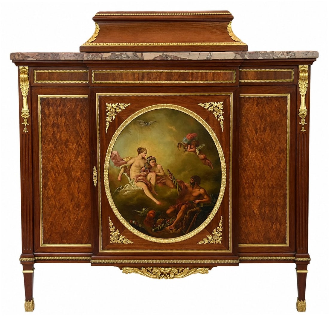 French Louis XVI Style Ormolu Mounted & Hand Painted Credenza, Attributed to Francois Linke (1 of 3)