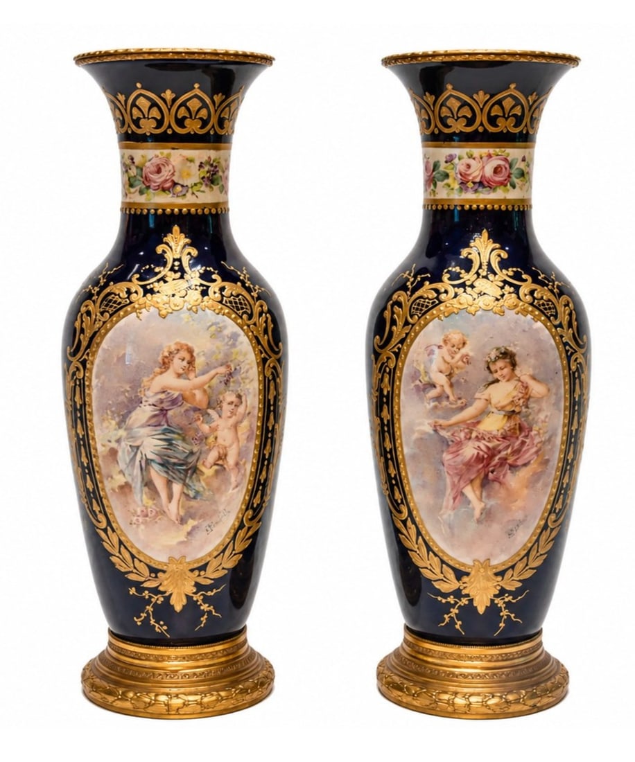 Pair of French Sevres Hand Painted Cobalt Blue Porcelain Vases, Signed C Rochette: An exceptional pair of 19th century French Sevres style cobalt blue (bleu de roi) porcelain urn form vases. Each vase features a hand painted reserves depicting classical mythological scenes with maid