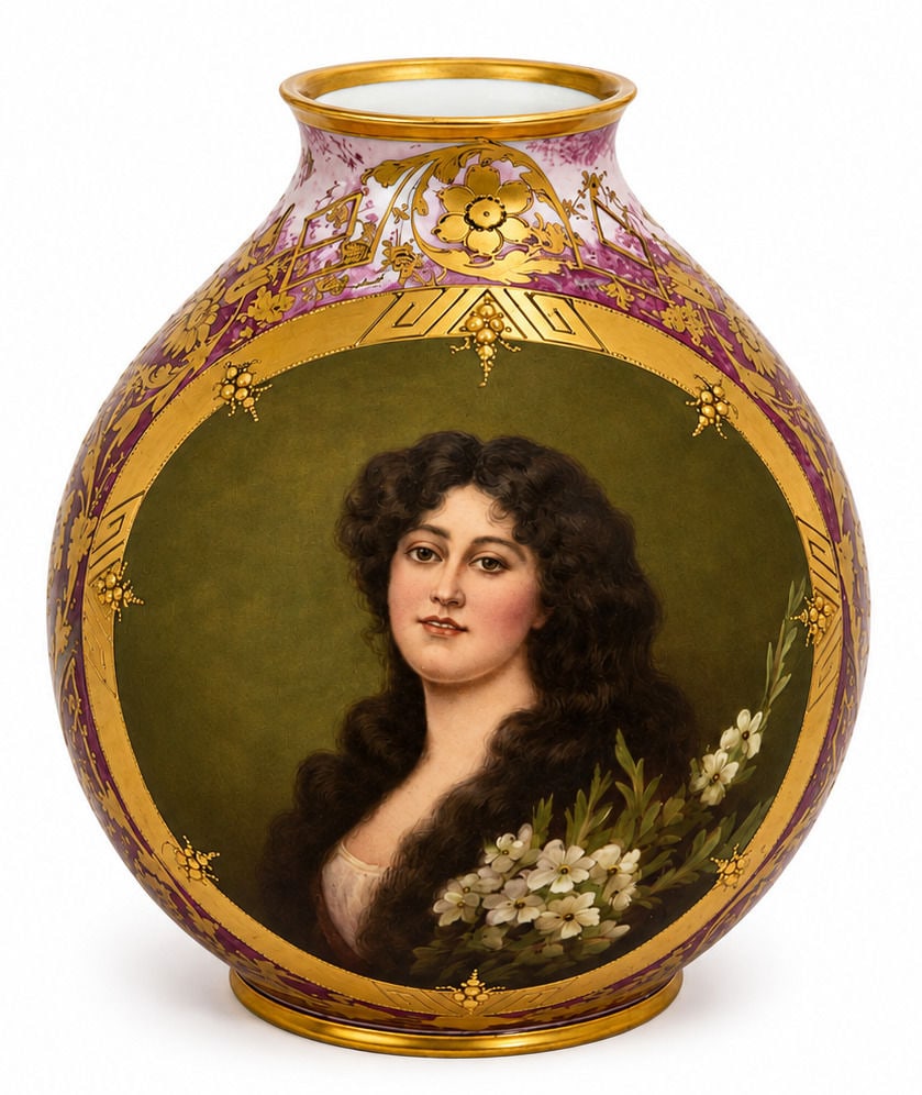 Royal Vienna Style Hand Painted Porcelain Portrait Vase " Gladiola " , Signed F. Vogt: An exquisite late 19th century Royal Vienna style porcelain globular vase. Featuring a central, finely hand painted circular reserve depicting a dark haired beauty holding a spray of white flowers, si