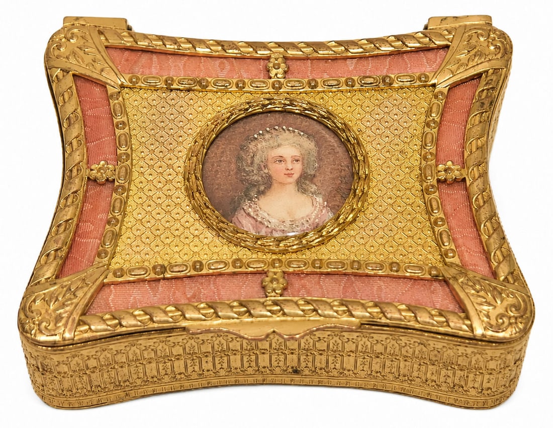 French Gilt Bronze & Pink Guilloche Enamel Dresser Box with Miniature Portrait, Retailer Ovington (1 of 2)