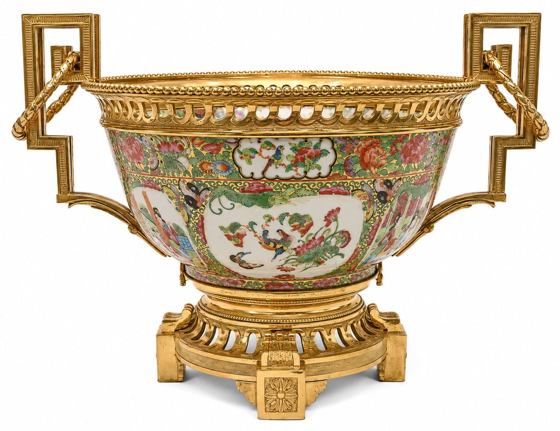 Large French Gilt Bronze Mounted Rose Medallion Chinese Export Porcelain Centerpiece Bowl (1 of 4)