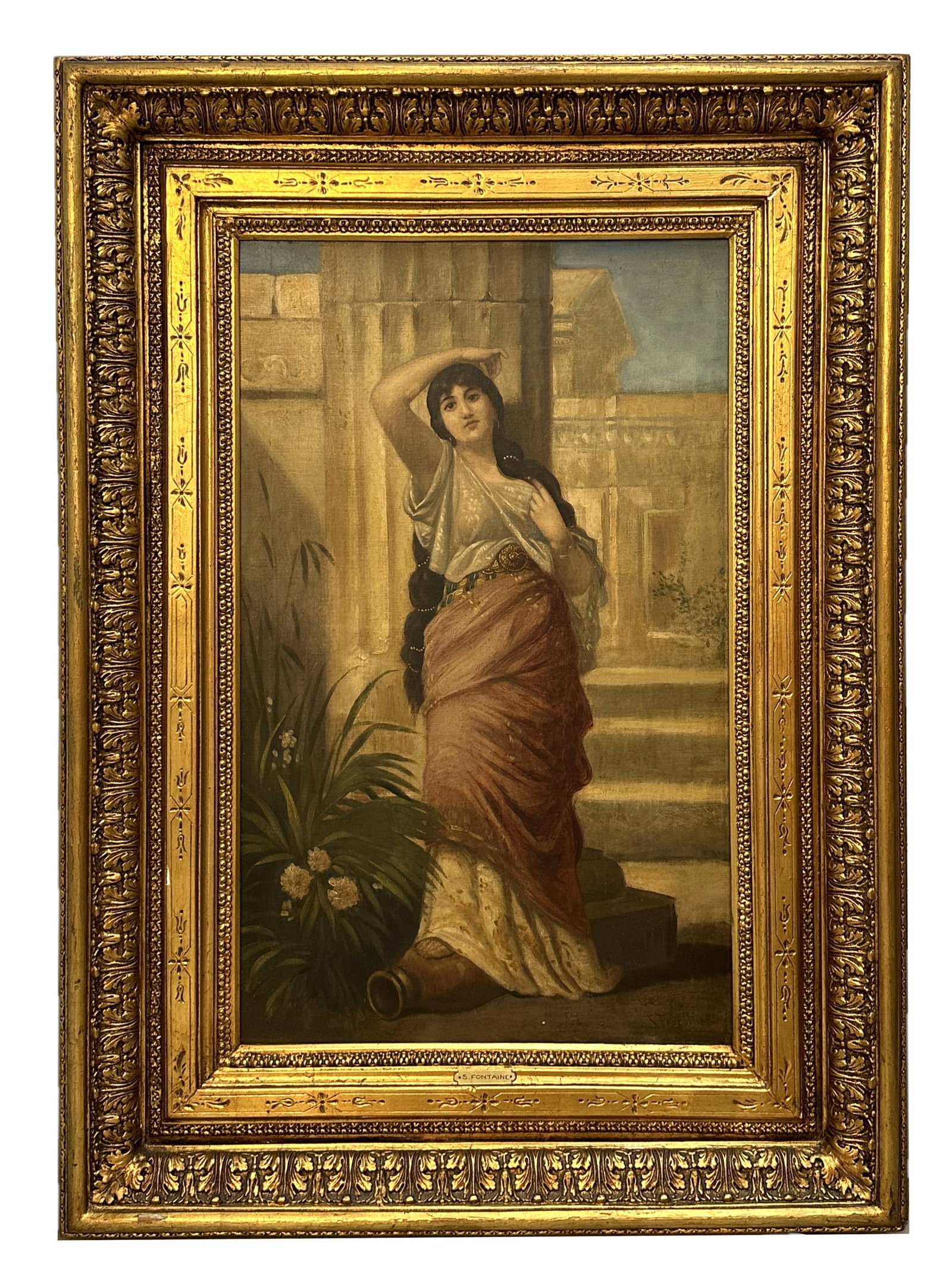 After Nathaniel Sichel Germany Oil Painting Signed by S Fontaine: After Nathaniel Sichel Germany Oil Painting Signed by S Fontaine Title: Odalisca Oil on Canvas Measure 32 1/4"in H x 19 3/4"in W and 45 1/2"in H x 33"in W x 3"in D with frame