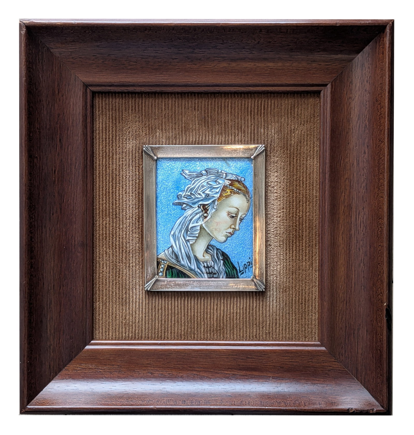 Framed Signed Enamel Portrait Plaque of Renaissance Woman: Decorative enamel portrait plaque depicting a Renaissance-style woman in profile against a vivid blue ground. The finely detailed composition features the figure wearing a white headdress and green ga