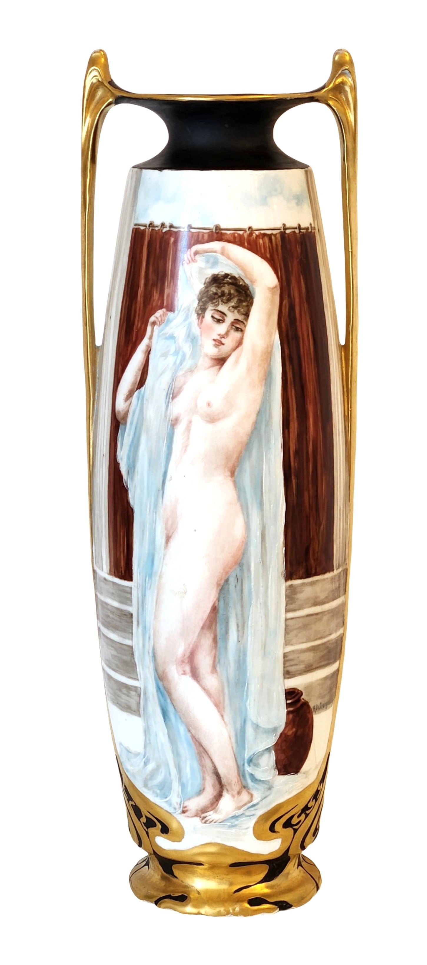 Large Hand-Painted Royal Vienna-Style Porcelain Vase Signed H.D. Dorgeloh: Magnificent hand-painted Royal Vienna-style porcelain vase depicting a neoclassical nude maiden with a sheer blue drape before a crimson curtain. Signed H.D. Dorgeloh, a known decorator of fine porcel