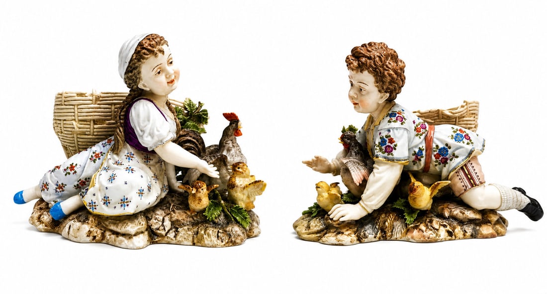 Pair of Continental Porcelain Figural Spill Vases with Children and Chickens: Charming pair of European porcelain figural spill vases depicting a young girl and boy interacting with chickens and chicks. Each figure is modeled reclining on a naturalistic base decorated with foli
