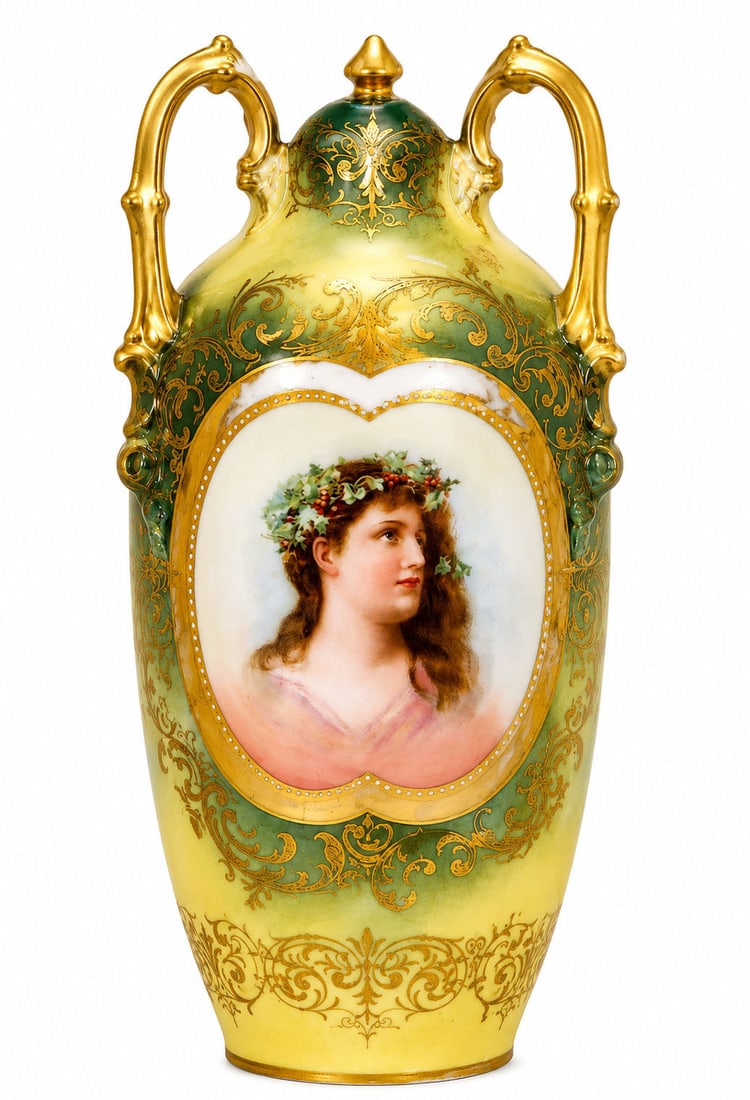 Royal Saxe Germany Hand-Painted Portrait Art Nouveau Vase: Elegant Royal Saxe Germany porcelain portrait vase, dating to the late 19th early 20th century. The vase features a finely painted Art Nouveau maiden portrait framed within a raised gilt cartouche, su