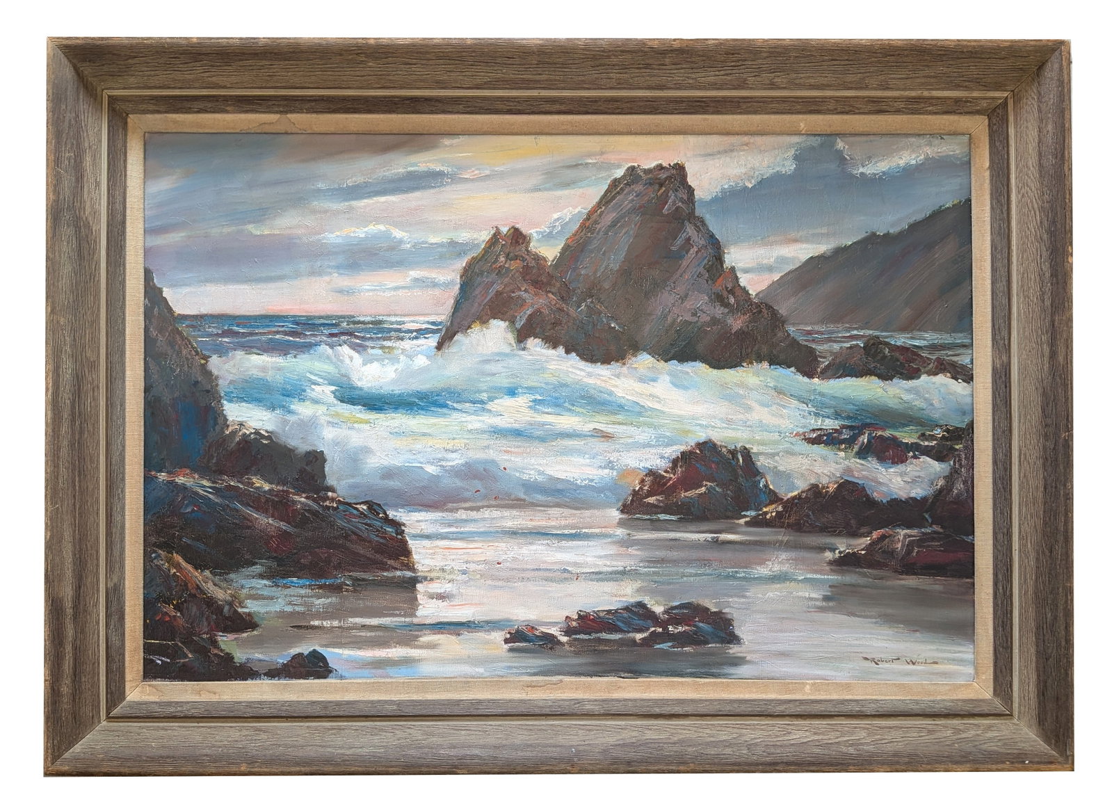 Robert William Wood (1889 - 1979) England: Robert William Wood (1889 - 1979) England Oil on Canvas Measure 24"in H x 36"in W and 30 1/4"in H x 42"in W x 2 1/2"in D framed Known for: Landscape, coastal view and still life painting Name variants