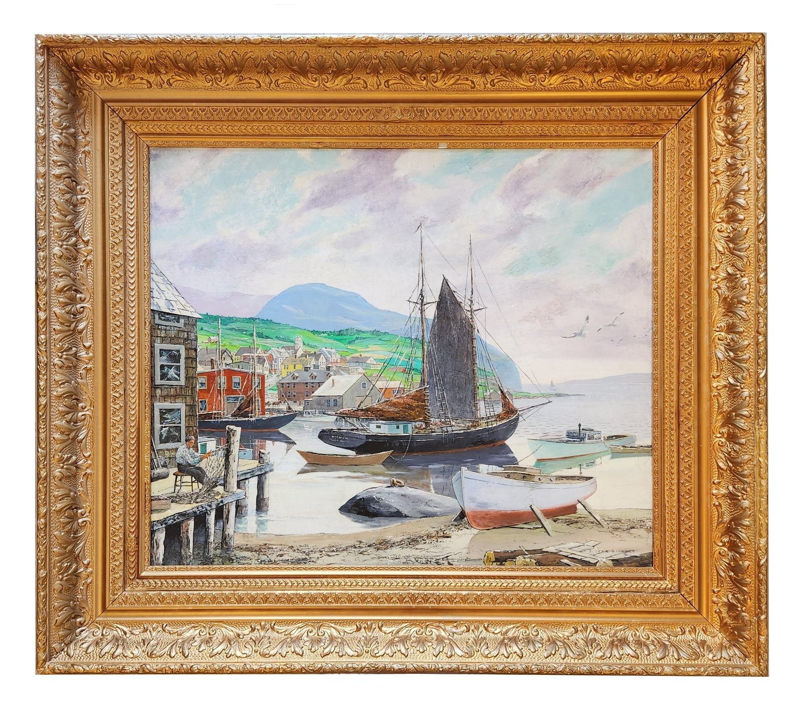 Carl Ivar Gilbert (1882 - 1959) American: Carl Ivar Gilbert (1882 - 1959) American Title: Fixing the Nets Oil on Canvas Measure 25"in H x 30"in W and 35 1/4"in H x 40"in W x 3 1/4"in D framed Biography: Was active/lived in New York, New Hamps