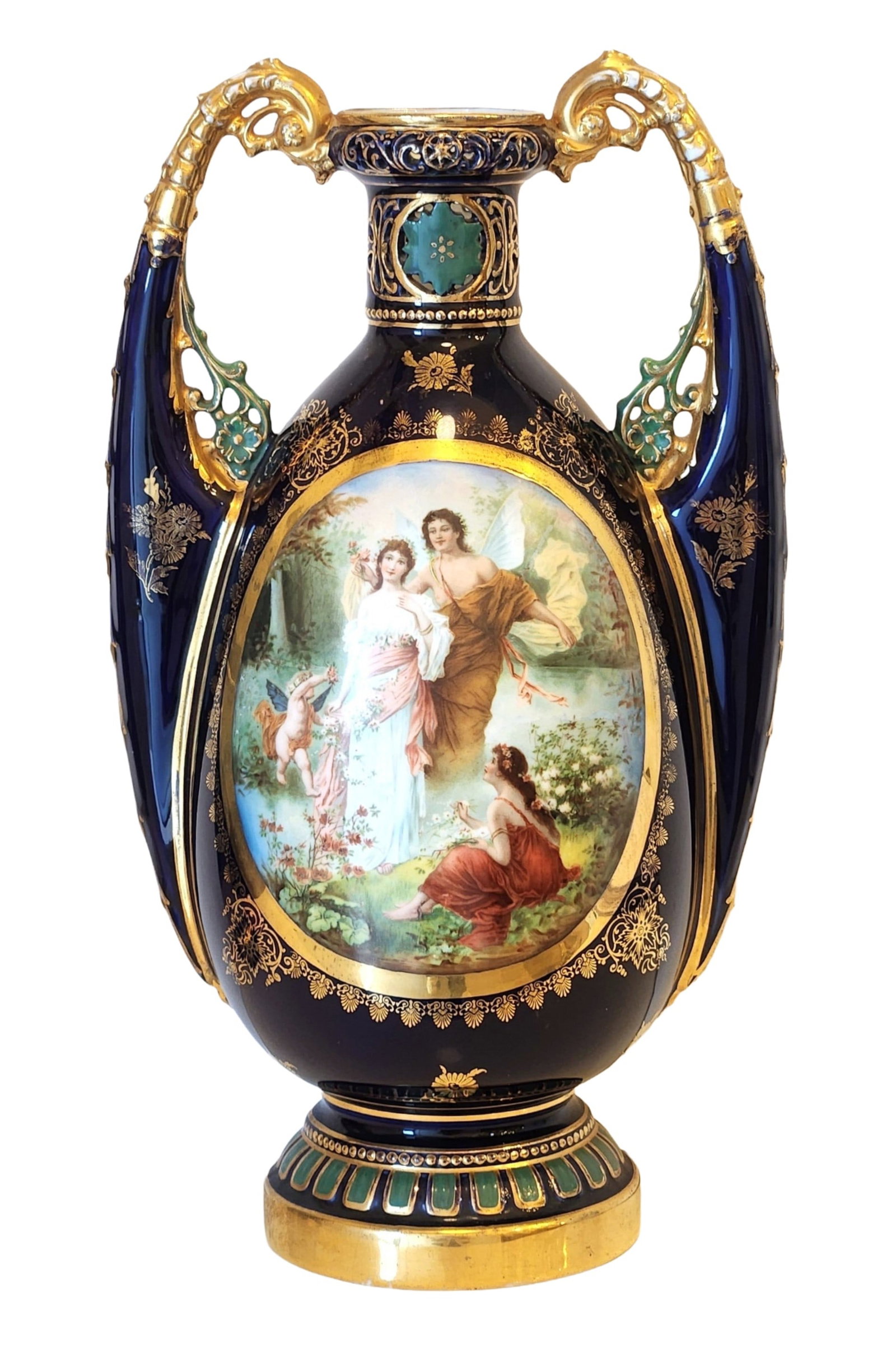 Royal Vienna Hand-Painted Porcelain Portrait Vase, Signed, 19th Century: Magnificent 19th-century Royal Vienna porcelain vase featuring a hand-painted mythological scene of classical figures within a gilt and cobalt blue border. Finely detailed with gilt highlights, pierce