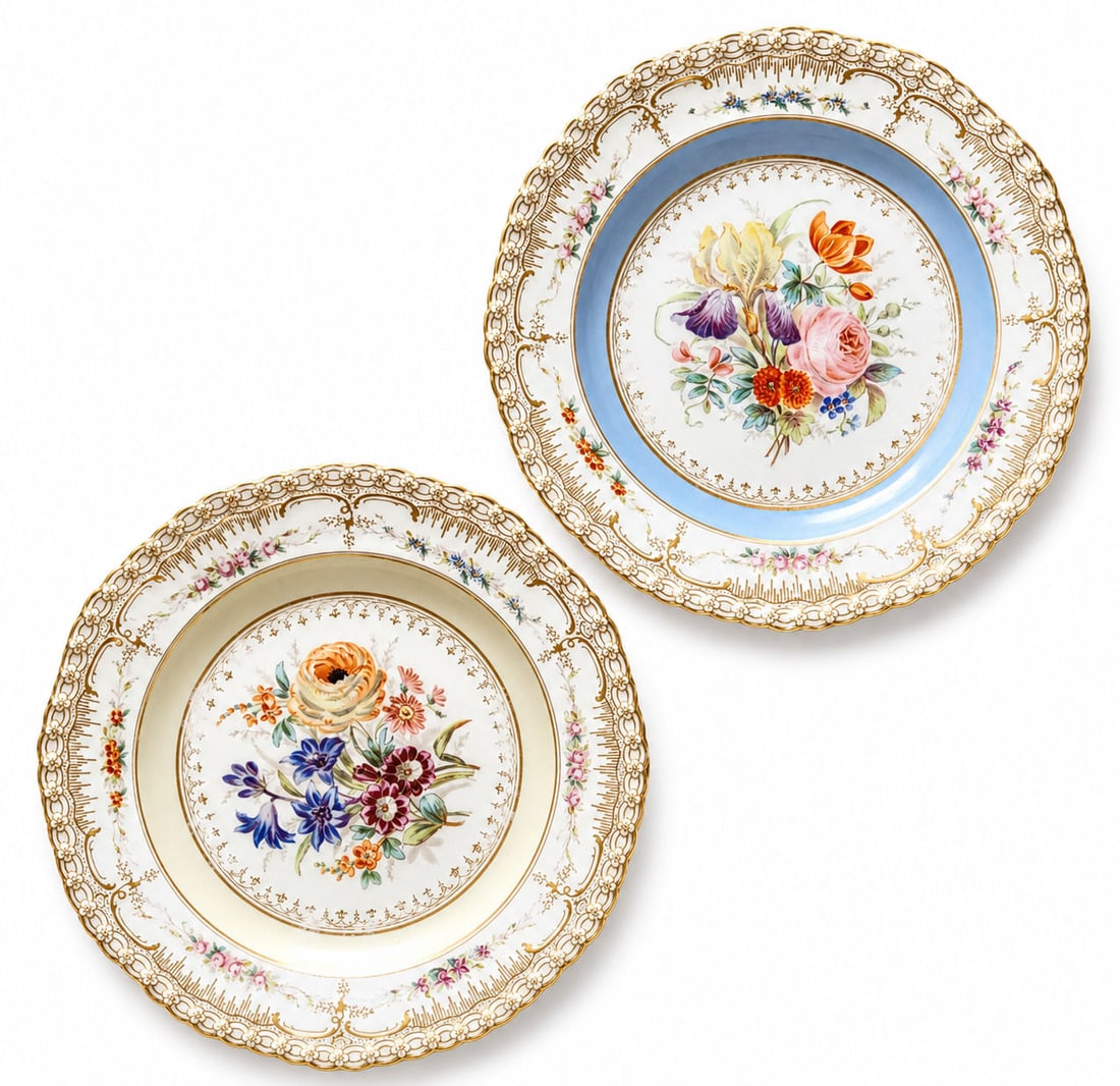 Pair of Antique KPM Berlin Hand-Painted Floral Plates with Gilt & Pastel Borders: A beautiful pair of antique KPM Berlin porcelain plates, exquisitely hand-painted with detailed floral bouquets in the center. Each plate features a different pastel border one in soft turquoise and t