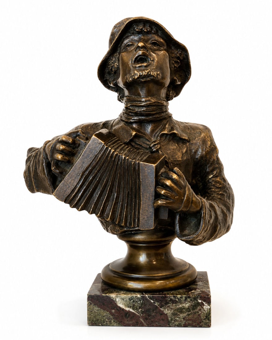 Antique Bronze Bust Musician Accordion in Marble Vase: Antique Bronze Bust Musician Accordion in Marble Vase Measure 10"in H x 7"in W x 3 1/2"in D