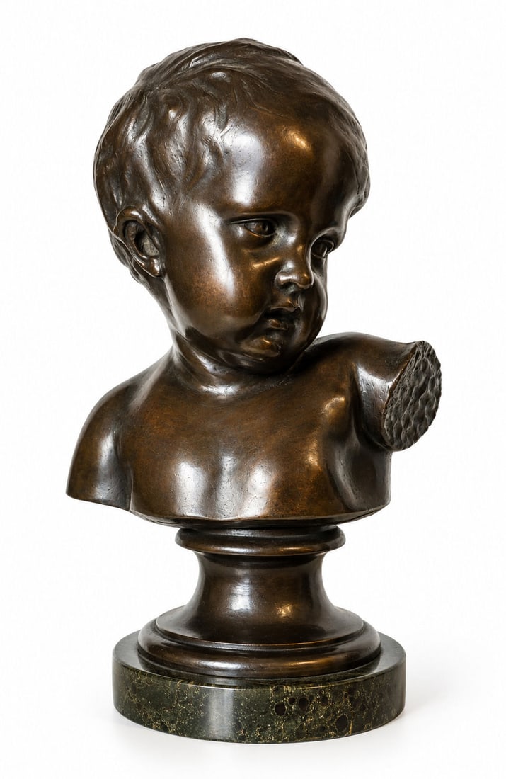 French Bronze Bust of Young Child on Marble Base: French Bronze Bust of Young Child on Marble Base Measure 10 1/4"in H x 4 1/2"in diameter