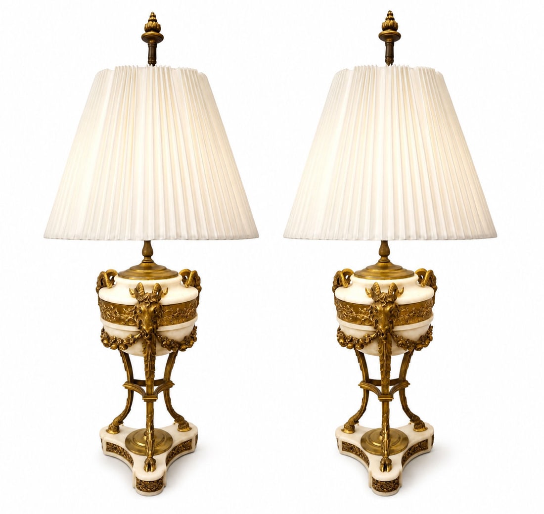 Pair of French Neoclassical Style Marble and Gilt Bronze Table Lamps with Rams Head Motifs (1 of 5)