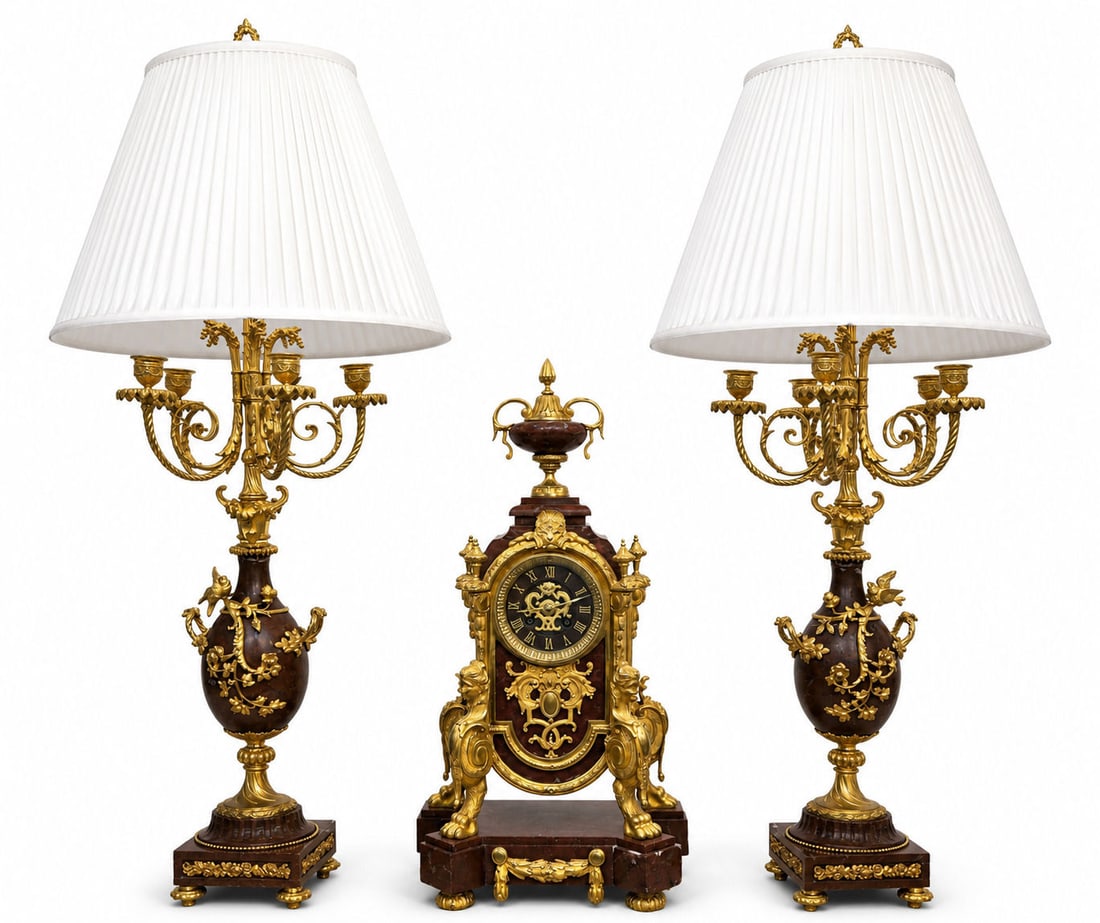 19th Century French Gilt Bronze & Marble Clock Garniture Set with Candelabra Lamps (1 of 12)