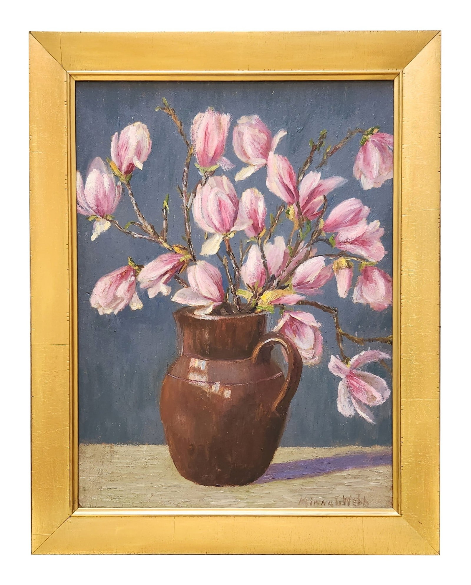 Minna Grumbt Webb (1885 - 1969) Germany: Minna Grumbt Webb (1885 - 1969) Germany Title: Magnolia Still Life Oil on Cardboard Measure 23 1/4"in H x 17 1/4"in W and 28"in H x 22"in W framed Known for: Landscape Name variants: Minna Grumbt Biog