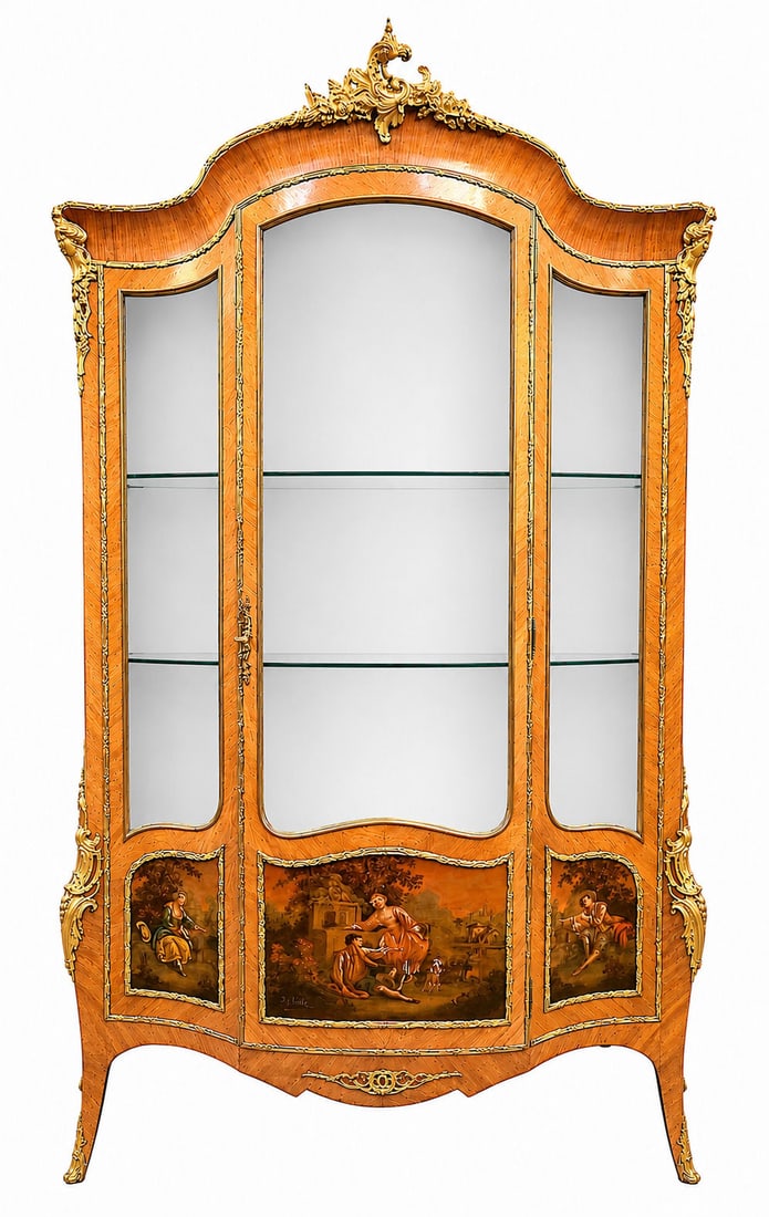 Fine French Louis XV - Style Vernis Martin Vitrine, Signed A. Cortez, Late 19th Century: A finely executed French Louis XV style Vernis Martin vitrine, dating to the late 19th century, of elegant bombe form with curved glass front and sides. The cabinet is richly decorated with hand paint