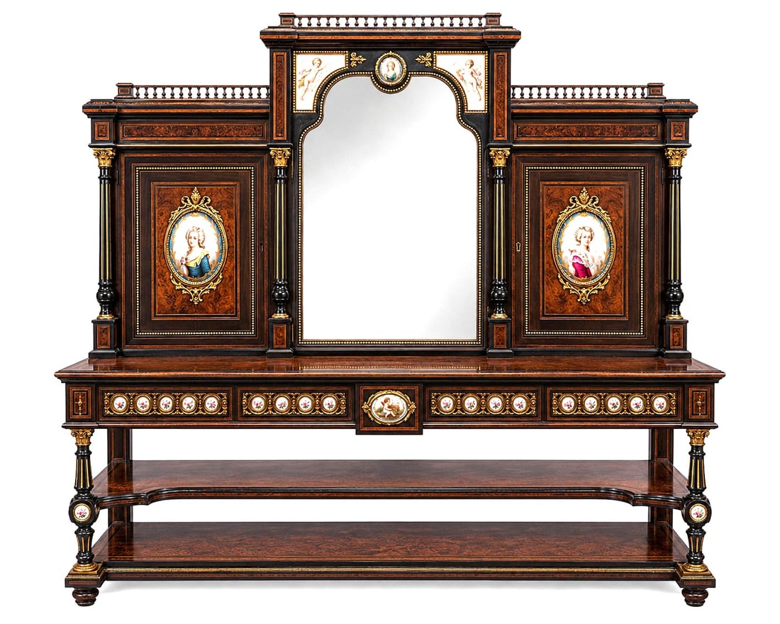 French 19th Century Bonheur Du Jour Ormolu and Sevres Style Porcelain-Mounted Amboyna and Ebony (1 of 10)