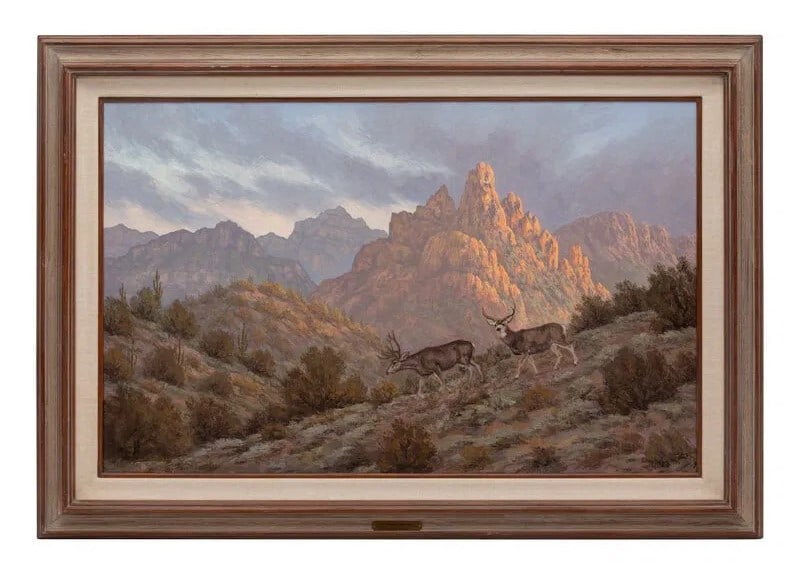 Susanne Nyberg (Born 1953) American: Susanne Nyberg (Born 1953) American Title: Red Mountain Mule Deer Oil on Canvas Measure 30"in H x 48"in W and 40"in H x 58"in W with frame Known for: Desert landscape Biography: The daughter of a prof