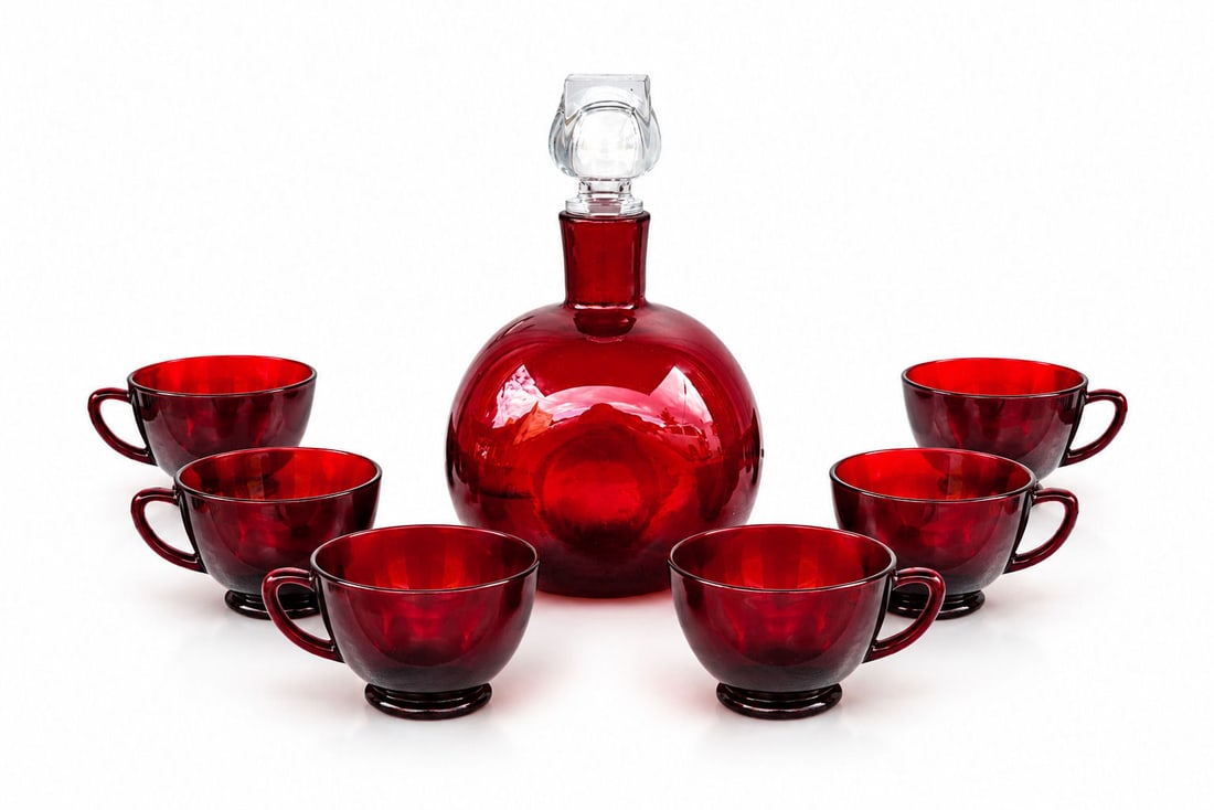 Ruby Red Glass Decanter with Six Matching Cups (1 of 3)