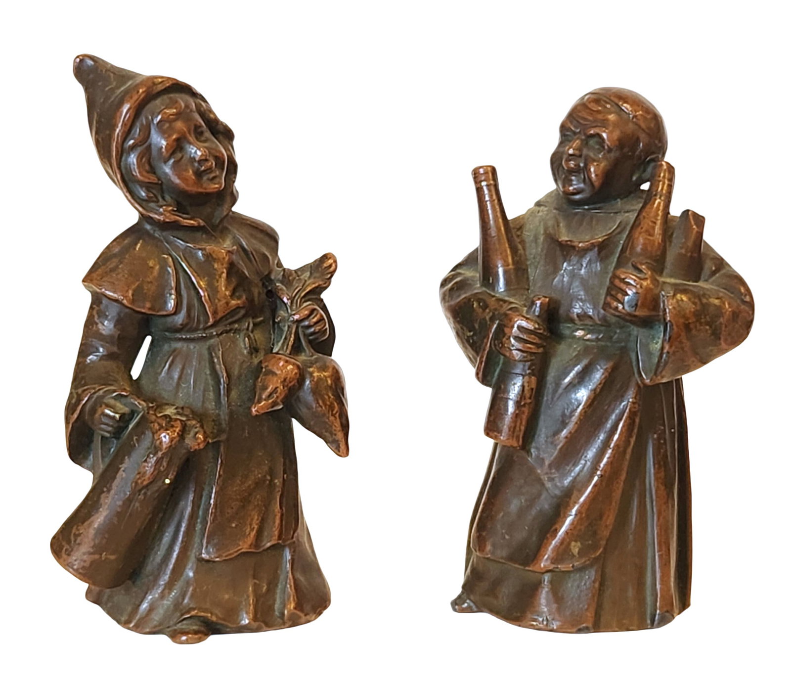Pair of Vintage European Bronze Figurines Peasant Woman & Wine Monk: Charming and humorous pair of vintage bronze figurines, finely cast and patinated, likely of European origin. The figures portray: A smiling peasant woman holding a basket and bouquet of flowers A