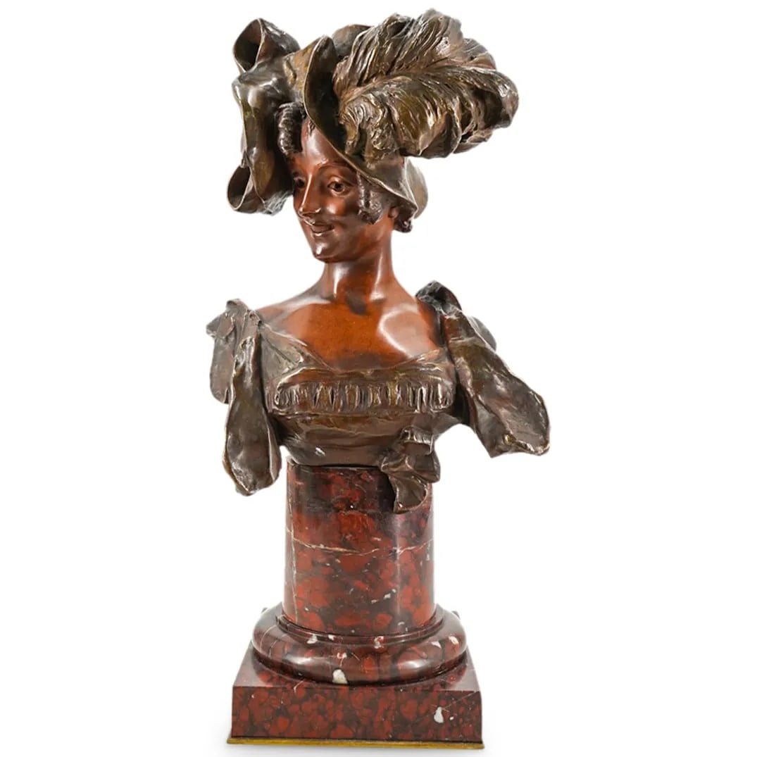 George Van der Straeten (1856-1928) Belgium: George Van der Straeten (1856-1928) Belgium Bust of Woman Bronze Sculpture Measure 18 3/4"in H x 8"in W x 8 1/2"in D Known for: Art nouveau figural sculpture Name variants: Georges Straeten, George