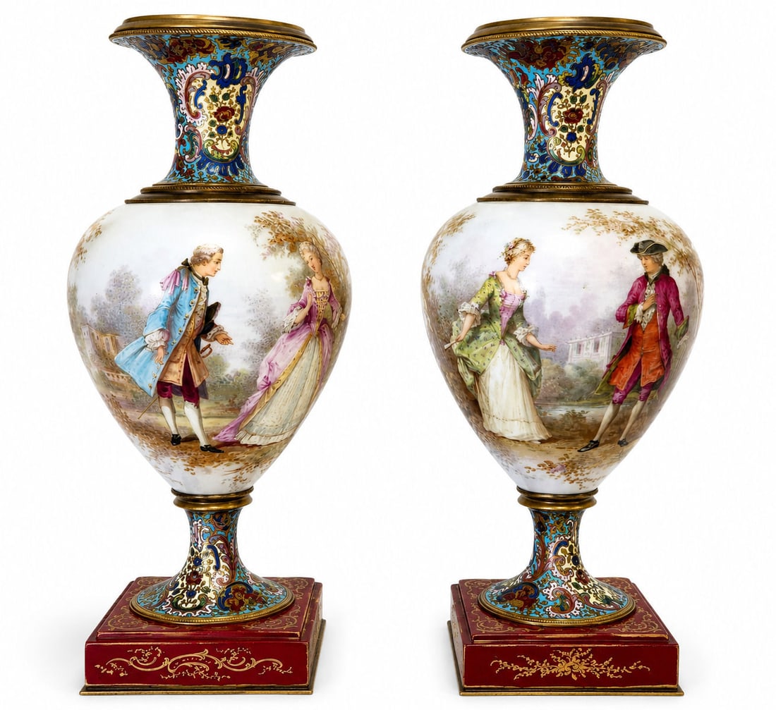 Antique Pair of French Sevres Style Porcelain and Champleve Urns (1 of 8)