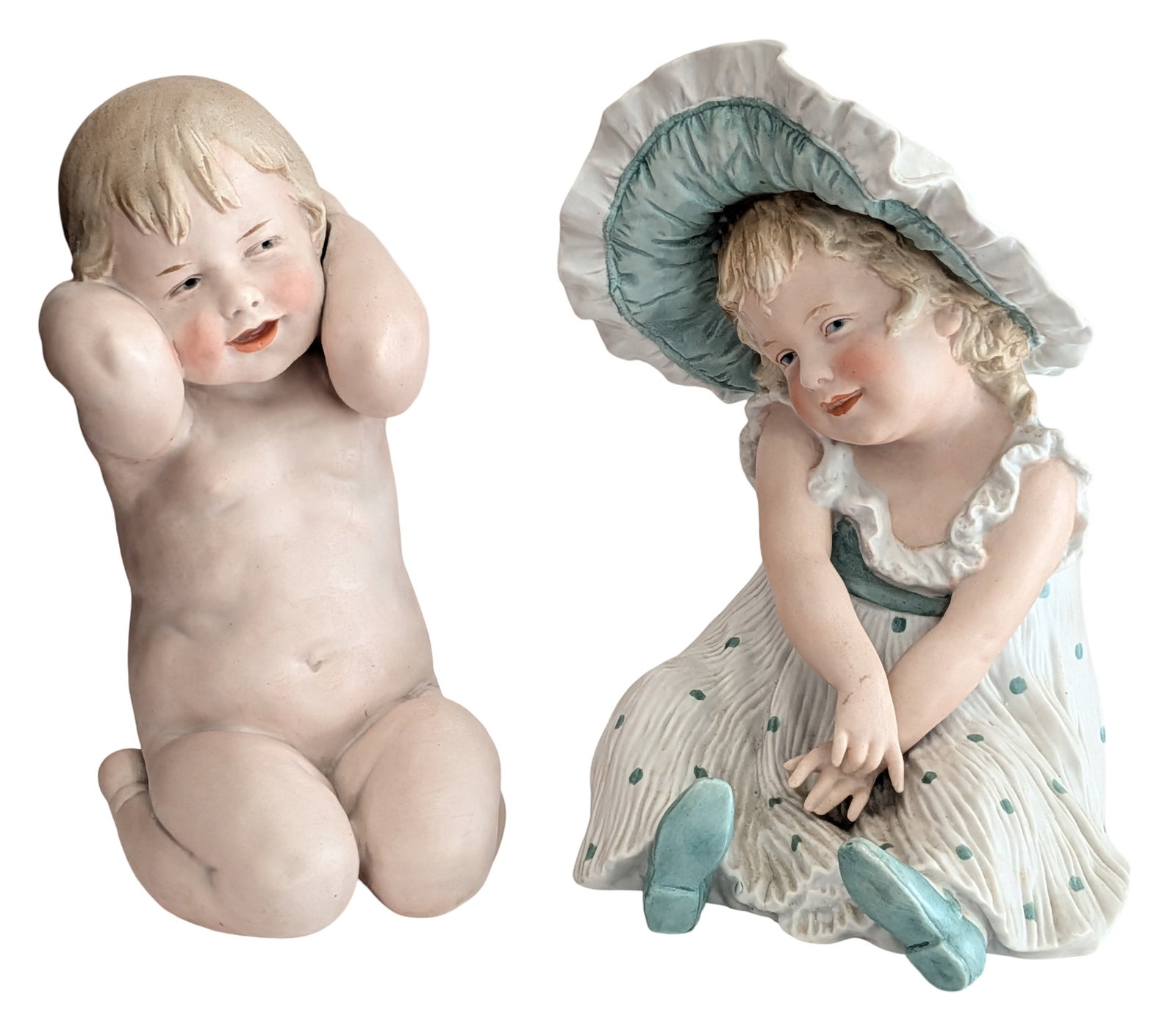 Pair of Vintage Bisque Child Figurines Boy and Girl Seated Figures: Charming pair of vintage bisque porcelain child figurines depicting a seated boy and girl in complementary poses. The boy is shown kneeling with hands covering his ears and a playful expression, while