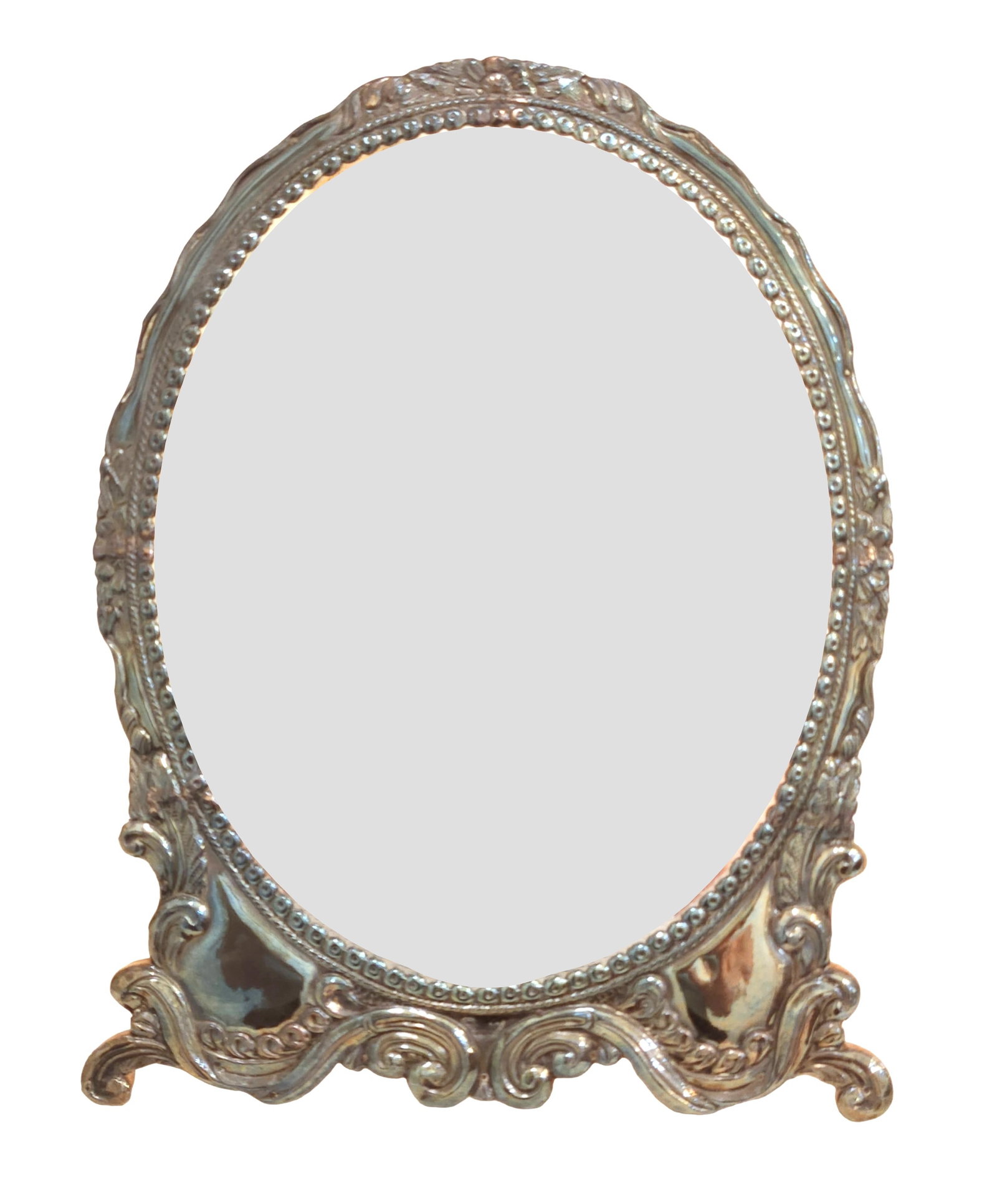Peruvian Sterling Silver (.925) Repouss Oval Table Mirror, Marked MV, Peru: Elegant Peruvian oval table mirror crafted in sterling silver (.925) with richly repouss and chased decoration. The ornate frame features scrolling rococo-style motifs, beaded edging, and foliate deta