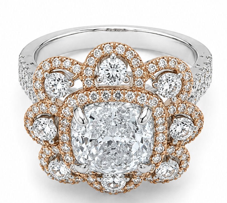 Hana 18K Two Tone Gold 2.54 CT Natural Diamond Ring with Pink & White Diamond Halo: Designer: Hana Size:6 1/2 Metal: 18K White and Rose Gold Total Ring Gross Weight: 9.2 Grams Center Stone: One Round Brilliant Cut Natural Diamond Center Diamond Weight: 2.54 Carats Center Diamond Colo