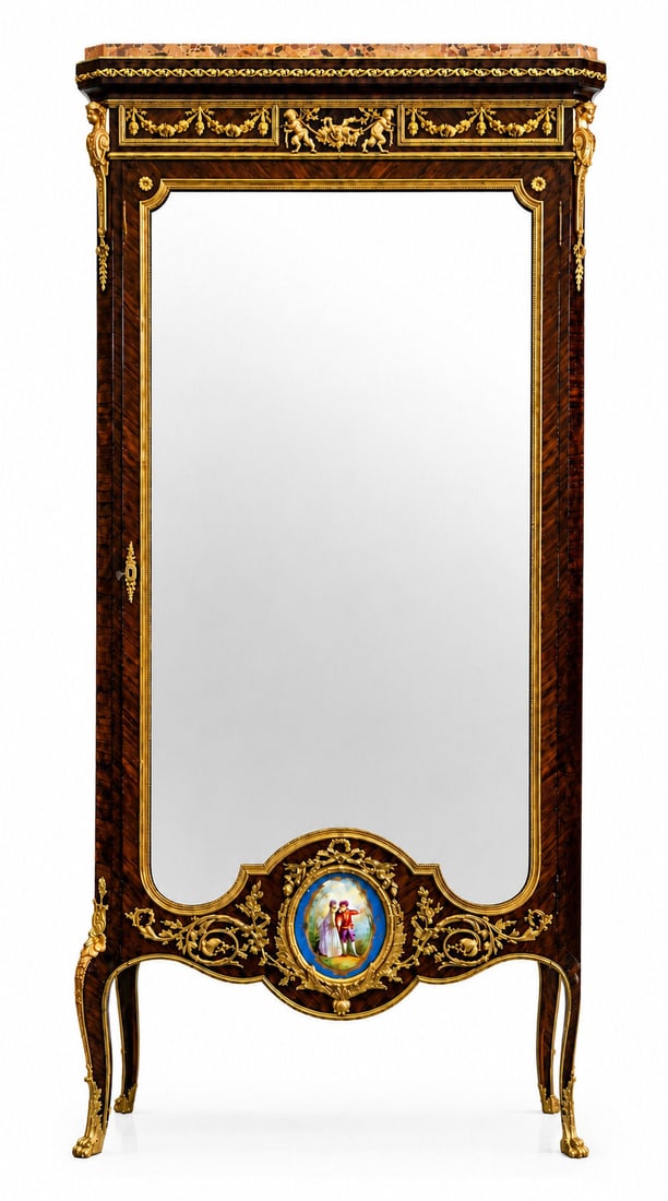Francois Linke Louis XVI Style Ormolu Mounted Kingwood Vitrine Cabinet with Sevres Style Porcelain: An exceptional signed Francois Linke Louis XVI style vitrine cabinet, masterfully crafted in kingwood parquetry and richly mounted with finely chased ormolu throughout. The rectangular case is surmoun