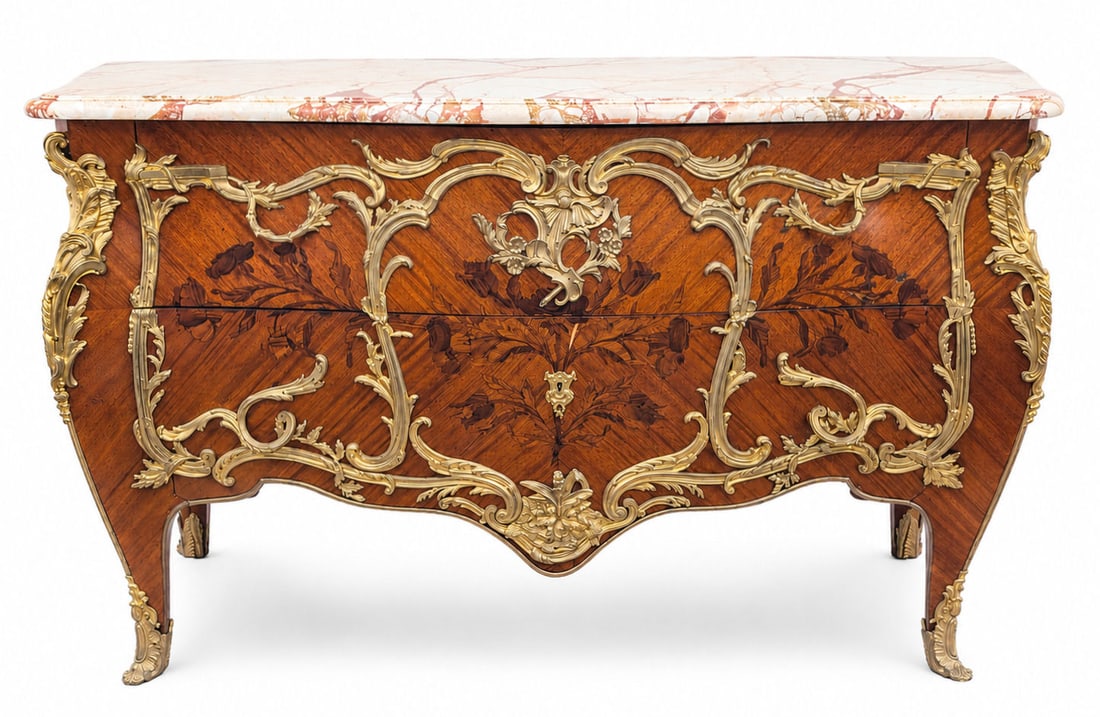 French Louis XV Kingwood Marquetry Commode with Rouge Marble Top & Gilt Bronze Mounts: An elegant French Louis XV style bombe commode, beautifully crafted in kingwood veneer with finely executed floral marquetry throughout. The serpentine case features two spacious drawers adorned with 
