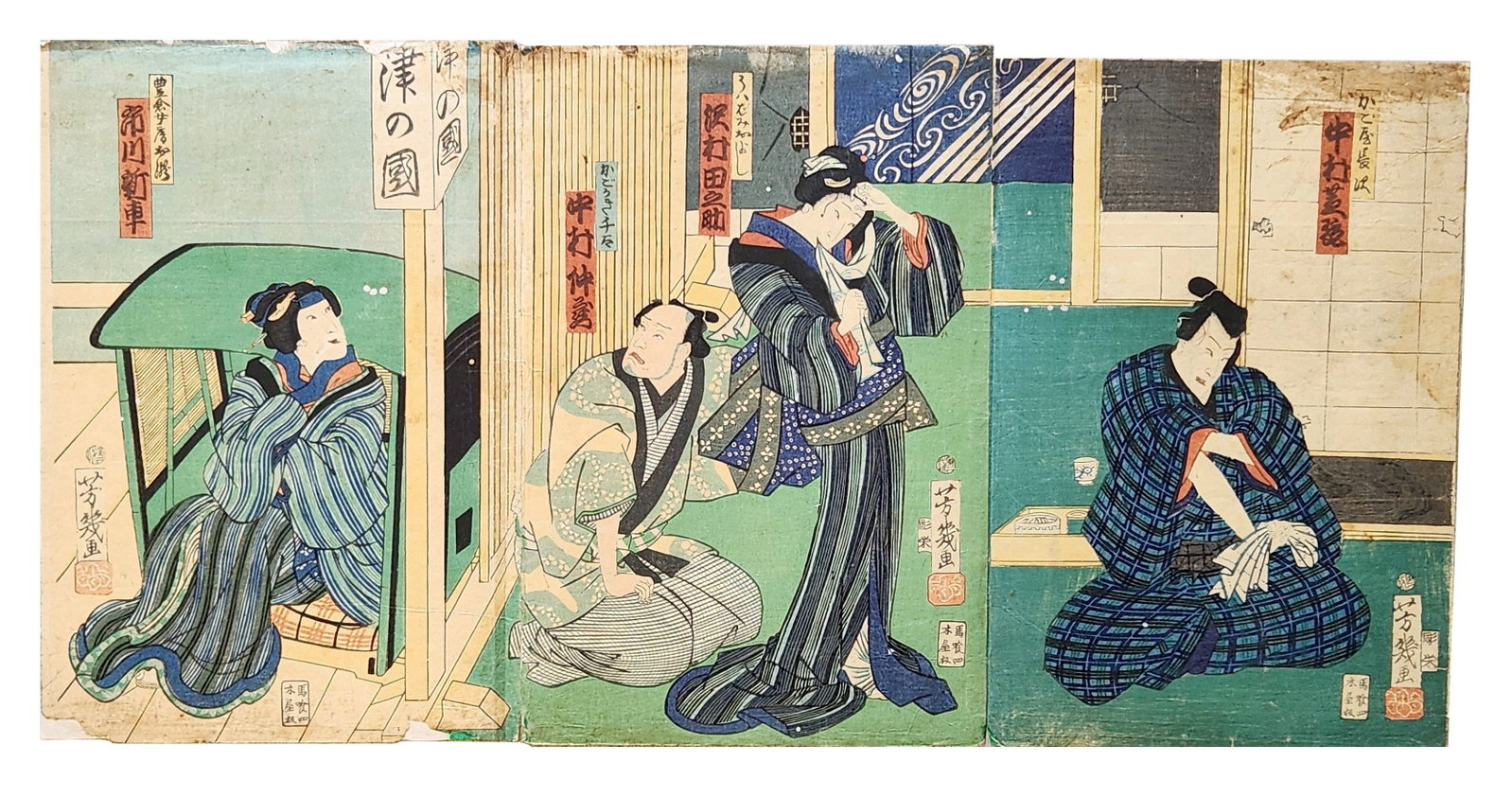 Utagawa Kunisada (Toyokuni III) (1786 - 1865) Kabuki Actors in Interior Scene Triptych (1 of 5)