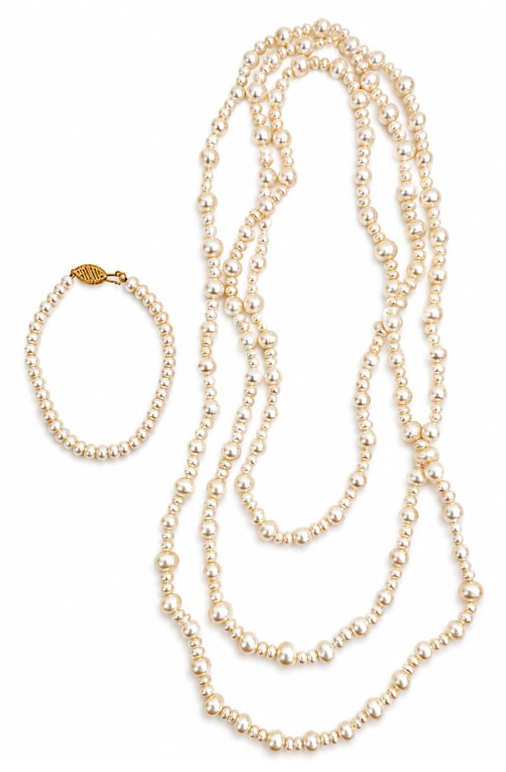 Cultured Pearl Long Rope Necklace & 14K Gold Bracelet Set: This elegant jewelry set includes an extra long, continuous cultured pearl rope necklace along with a matching single-strand pearl bracelet. The opera length necklace features graduated, off round pea