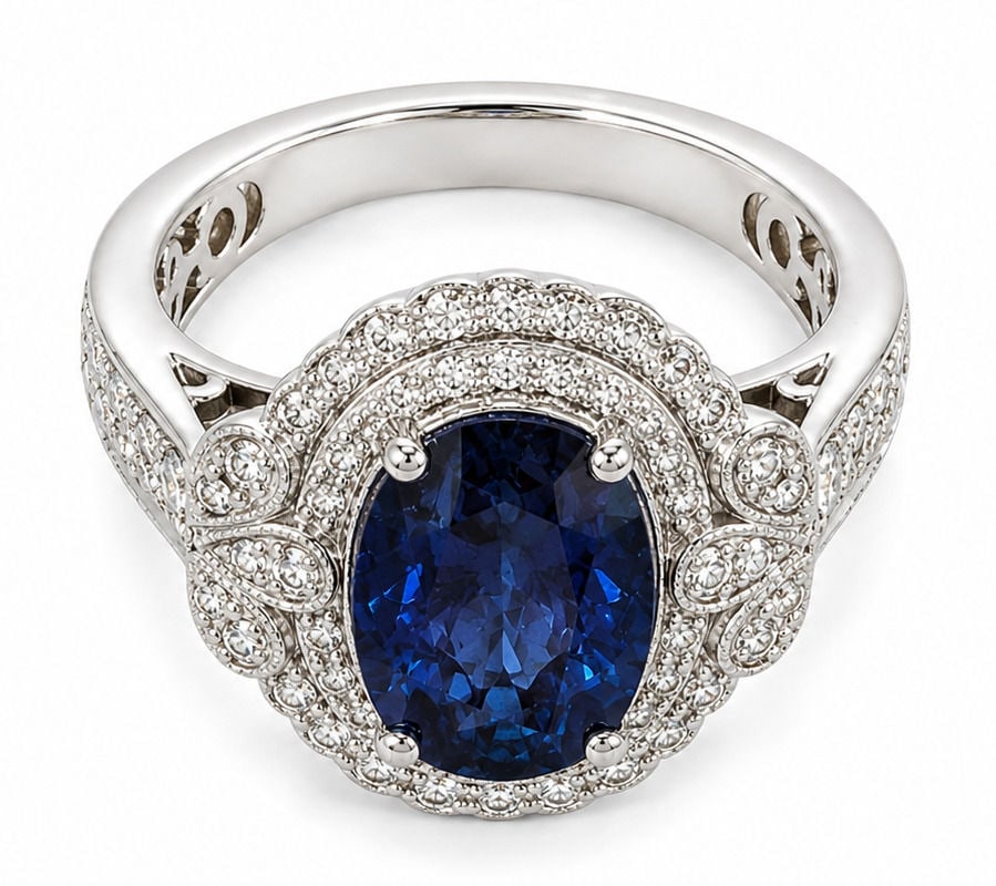 Oscar Friedman Platinum 4.65 Carat GIA Certified Sapphire and Diamond Ring: Metal: Platinum ( PT900 ) Size:6 3/4 Total Ring Weight: 8.6 Grams Designer: Oscar Friedman Design: Elegant platinum ring centered by a GIA certified natural oval blue sapphire within a double halo of 