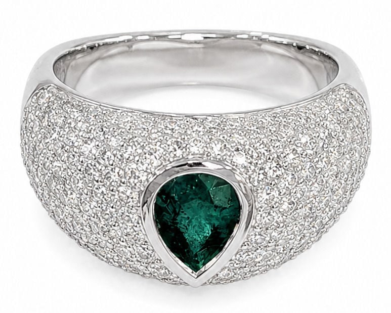 Oscar Friedman 18K White Gold Emerald & Diamond Pave Ring: Designer: Oscar Friedman Size:6 1/2 Metal: 18K White Gold Total Ring Gross Weight: 7.5 Grams Center Stone: One Pear Cut Natural Emerald Center Emerald Weight: 0.65 Carat Center Emerald Color: Green Ce