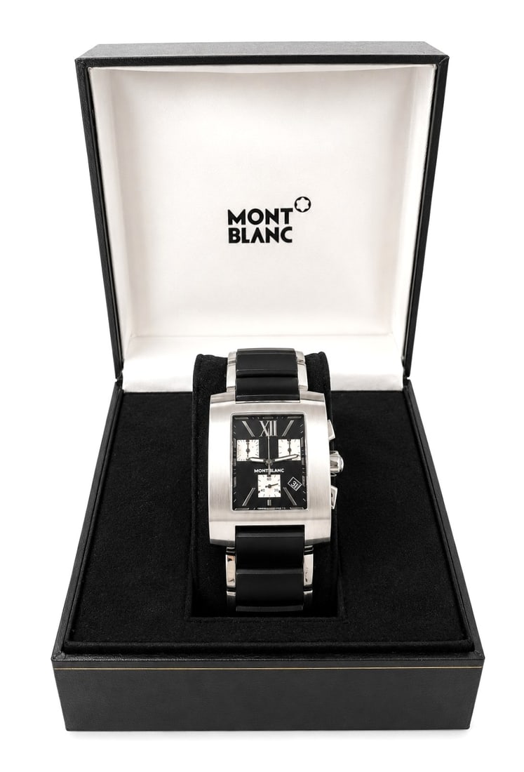 Montblanc Profile XL Chronograph Quartz Stainless Steel Wristwatch: Swiss-made Montblanc Profile XL Chronograph quartz wristwatch, reference 7049, featuring a brushed and polished stainless steel rectangular case with a black dial accented by three silver-tone chronog