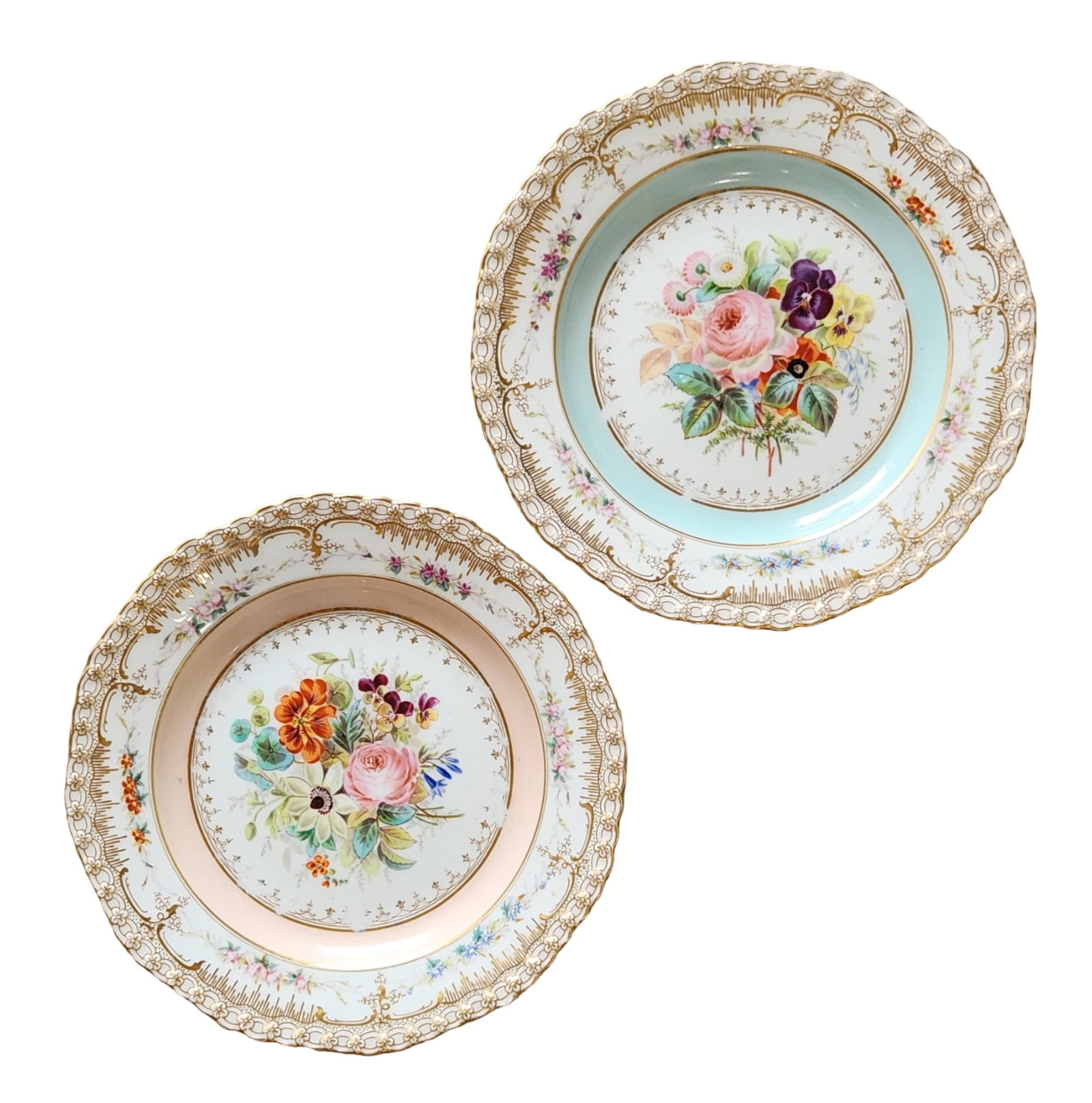 Pair of Antique KPM Berlin Porcelain Plates Hand-Painted Floral Bouquets with Gilt & Pastel Rims (1 of 3)
