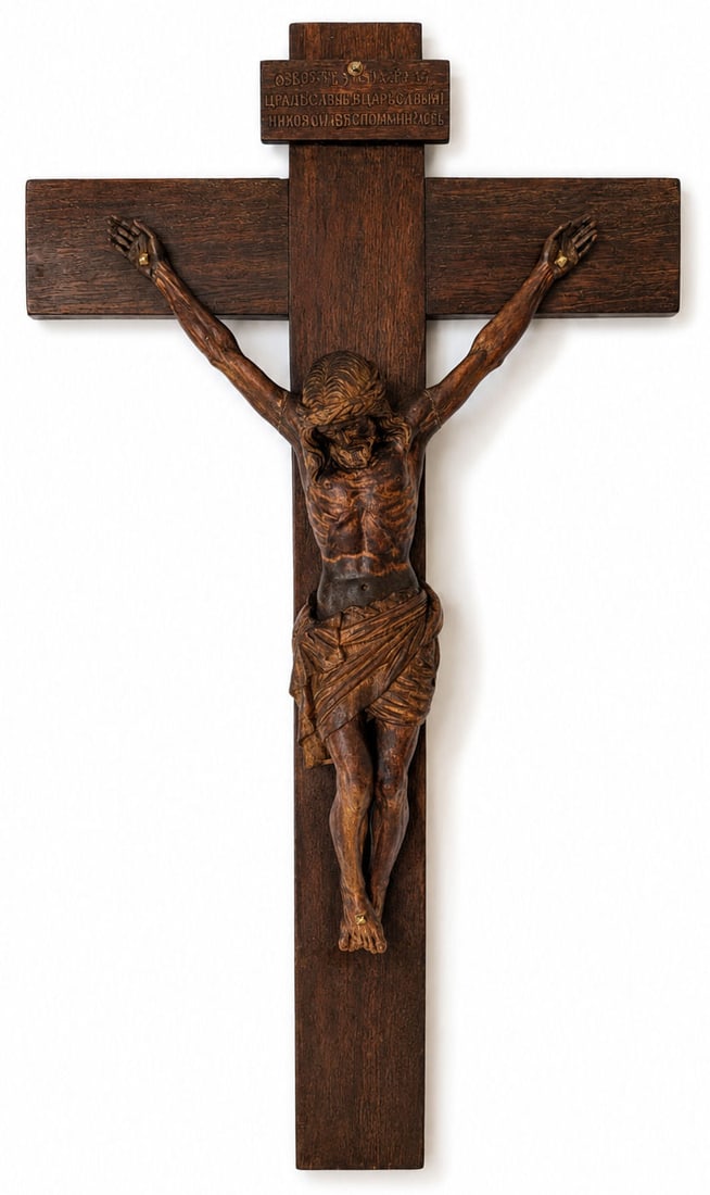 J. E. Pelta 1963 Hand Carved Wooden Crucifix with Corpus: Hand carved wooden crucifix featuring a finely sculpted corpus of Christ mounted on a substantial dark-stained cross with a traditional INRI plaque bearing a Cyrillic inscription. The expressive figur