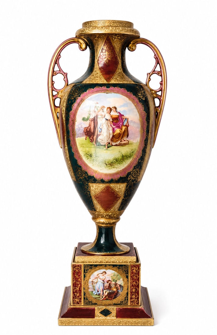 Large Royal Vienna Style Porcelain Pedestal Vase Signed Kaufmann, Possible 19th Century: Impressive and richly decorated Royal Vienna-style porcelain pedestal vase, featuring finely hand-painted classical scenes attributed to Angelica Kauffmann. The central panel depicts elegant neoclassi