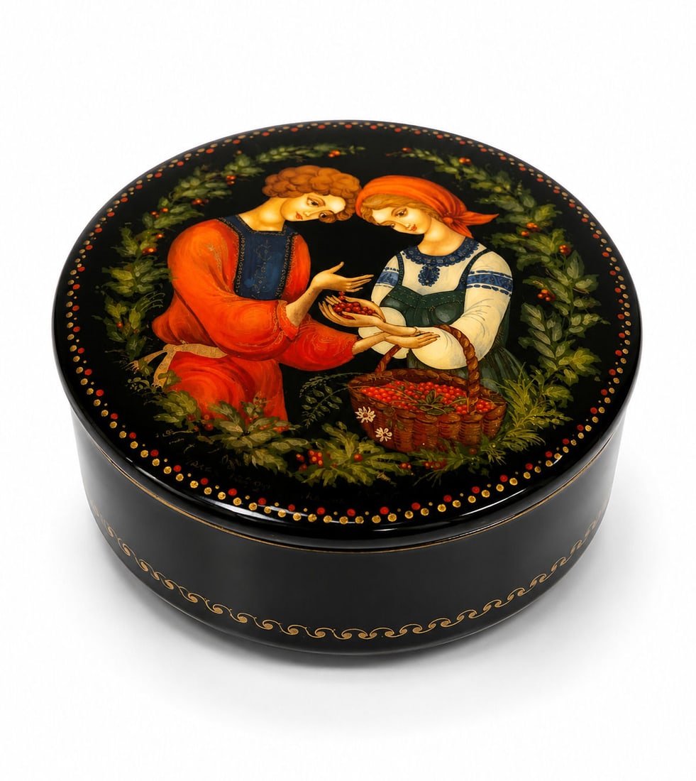 Russian Hand-Painted Lacquer Box "Couple with Basket" Scene (1 of 2)