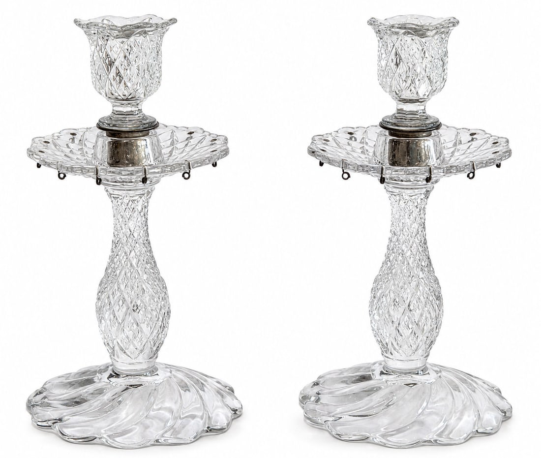 Pair of Vintage Pressed Glass Candlesticks with Prism Lusters, EAPG Style (1 of 3)